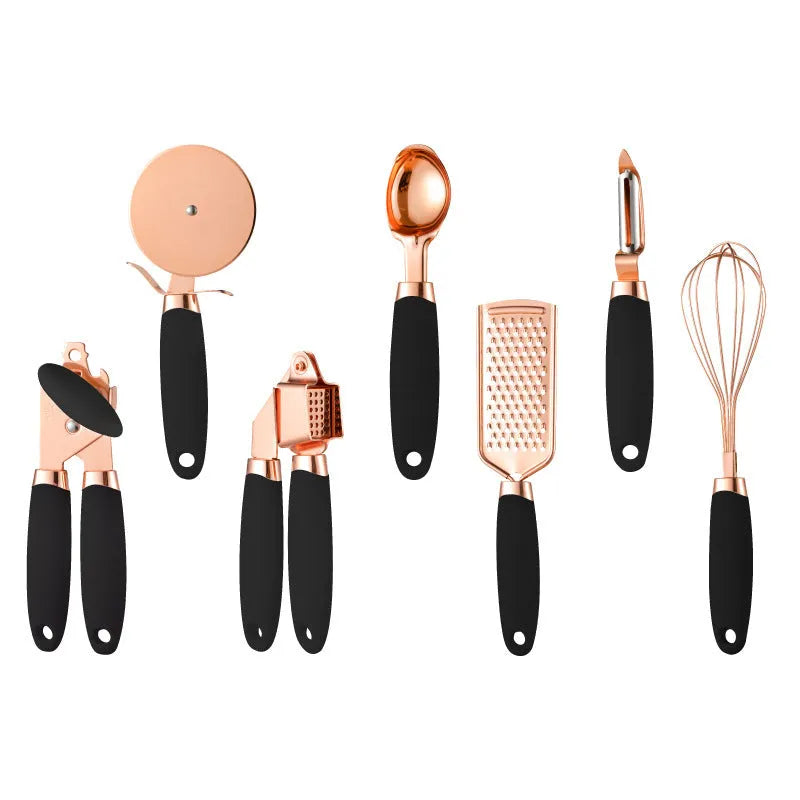 Rose gold stainless steel kitchen tool set with copper accents including peeler and utensils in six colour options