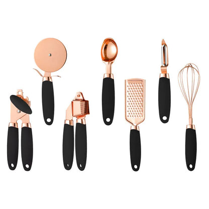 Rose gold stainless steel kitchen tool set with copper accents including peeler and utensils in six colour options