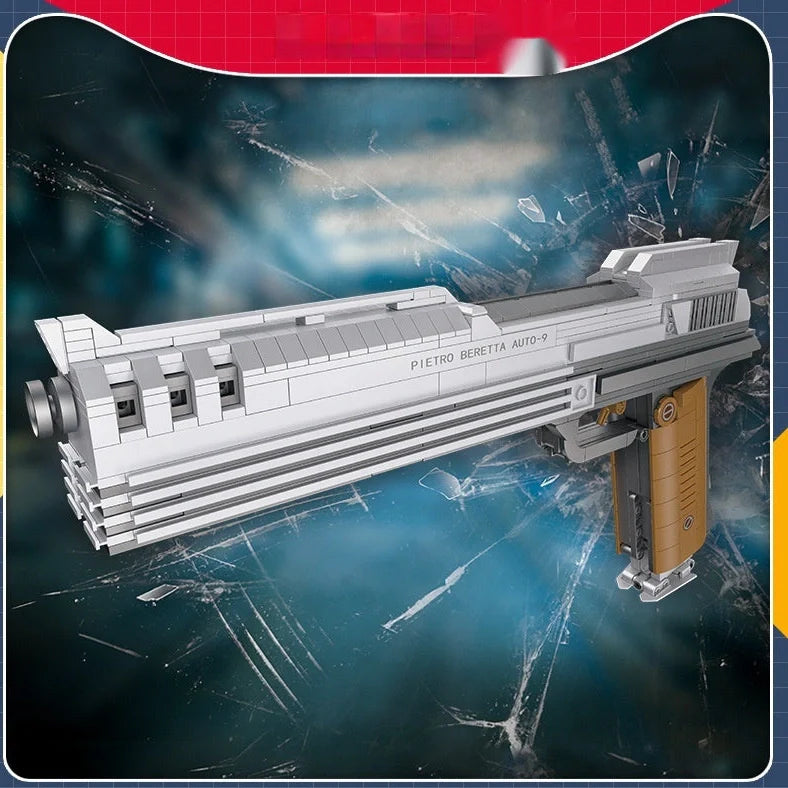 Children's toy gun model with small particle building blocks in colour box packaging