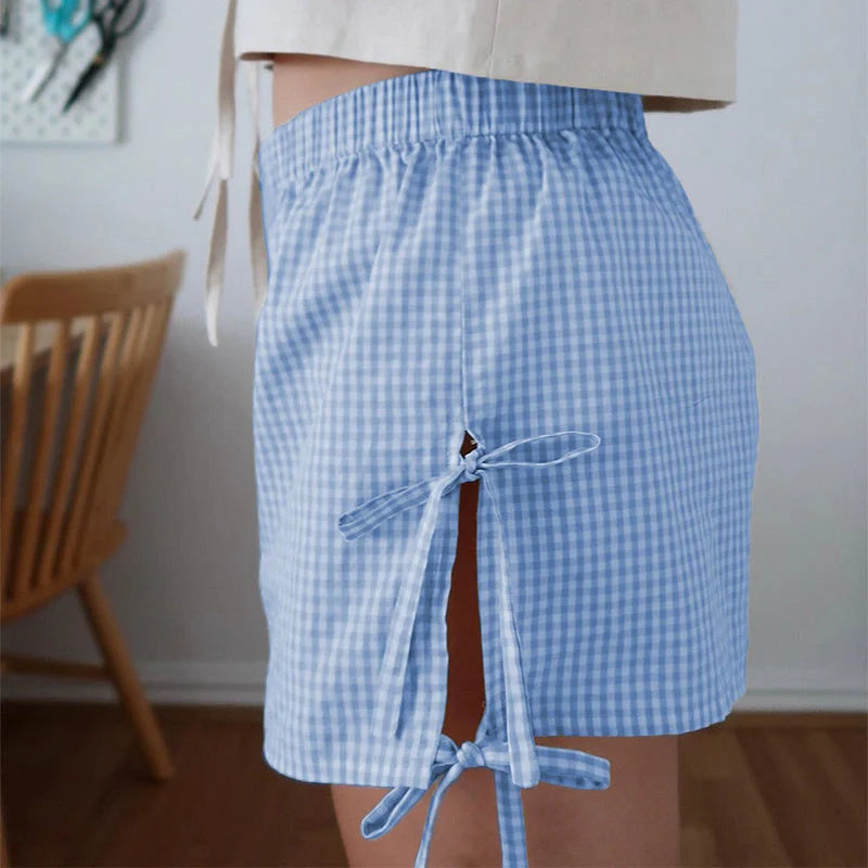 Women's loose plaid print shorts with lace-up design in various colors