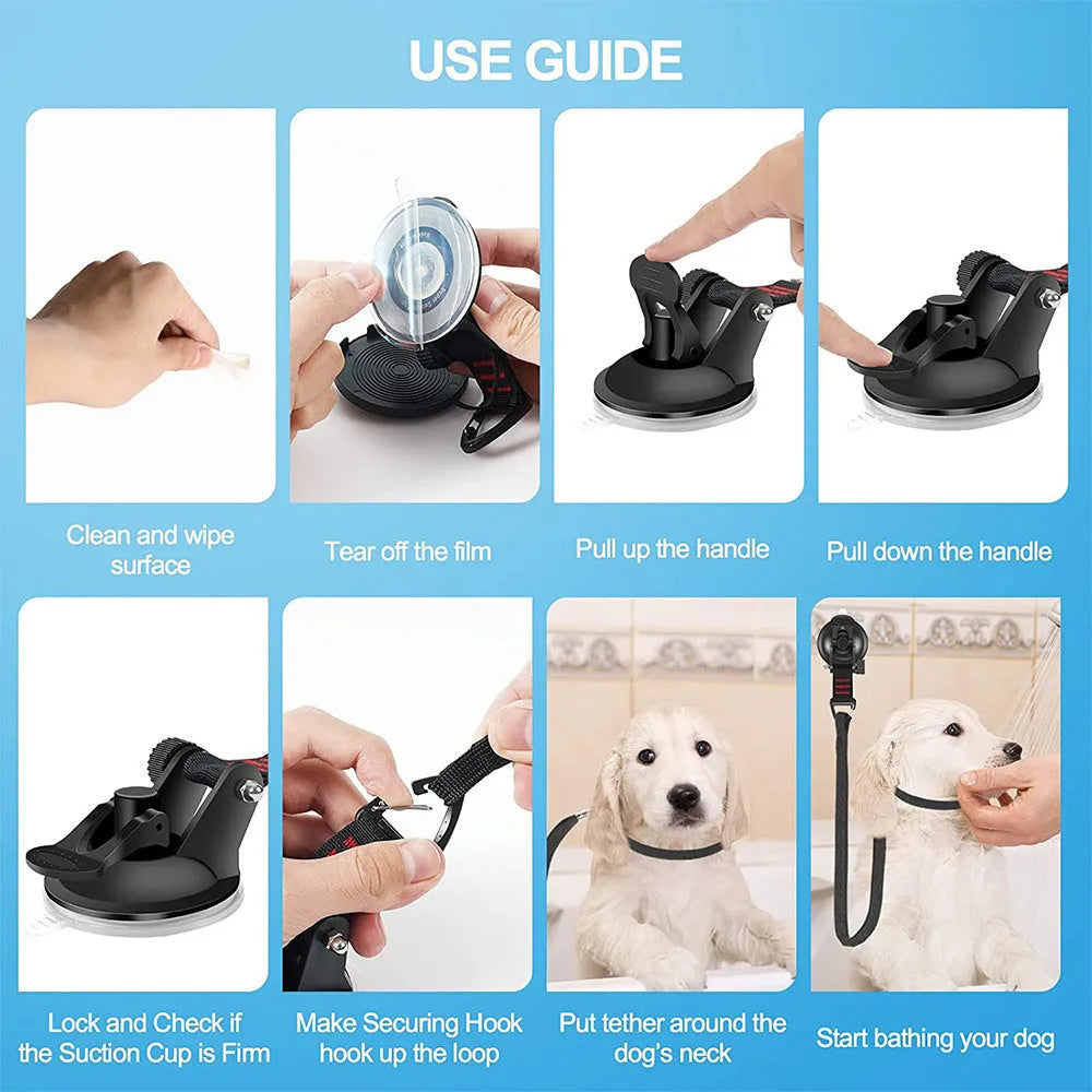 Pet bathing restraint device with suction cup handcuffs and traction rope in black or blue colour