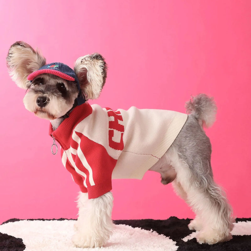 Puppy dog sports sweater cardigan men's pet clothing made from wool in casual style, available in red or dark green colours without accessories, fits sizes S M L XL XXL for general gender suitability.