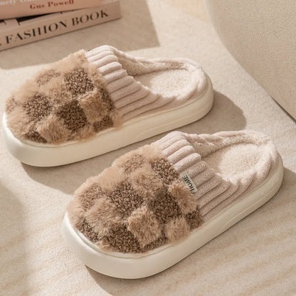 Women's plaid pattern plush slippers with coral velvet upper and non-slip sole in multiple colour options