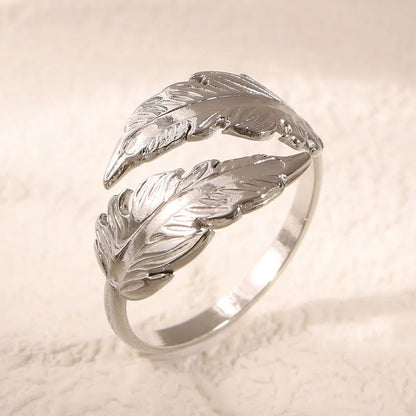 Women's adjustable stainless steel feather ring in gold or silver colour