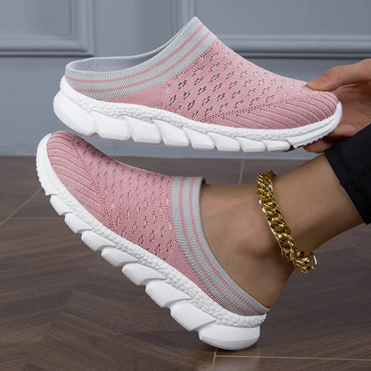Women's black Flyknit semi-slipper shoes with striped pattern and hollowed-out design on viscose sole