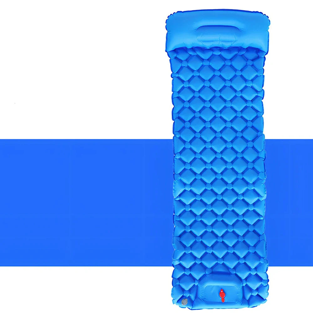 LT-88 navy blue inflatable sleeping pad showing 190cm length and integrated foot strap pillow design