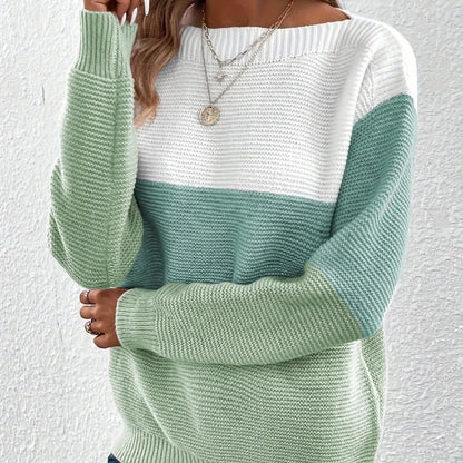 Women's round neck pullover sweater with unique splicing design in various colors