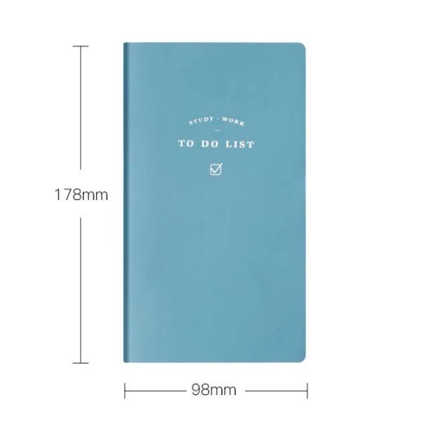 Simple style portable todolist notebook in blue, green, pink, or yellow with PU cover and 96 pages.