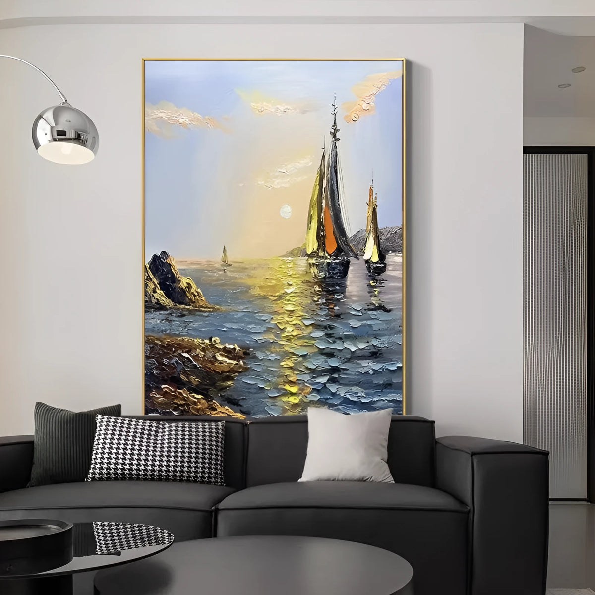 Hand-painted sea boat oil painting on canvas, unframed vertical landscape wall art for living room or bedroom.