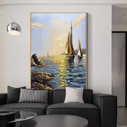 Hand-painted sea boat oil painting on canvas, unframed vertical landscape wall art for living room or bedroom.