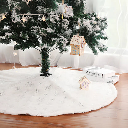 Christmas tree skirt with sequin embroidery and imitation rabbit fur trim in silver, gold, or colourful options