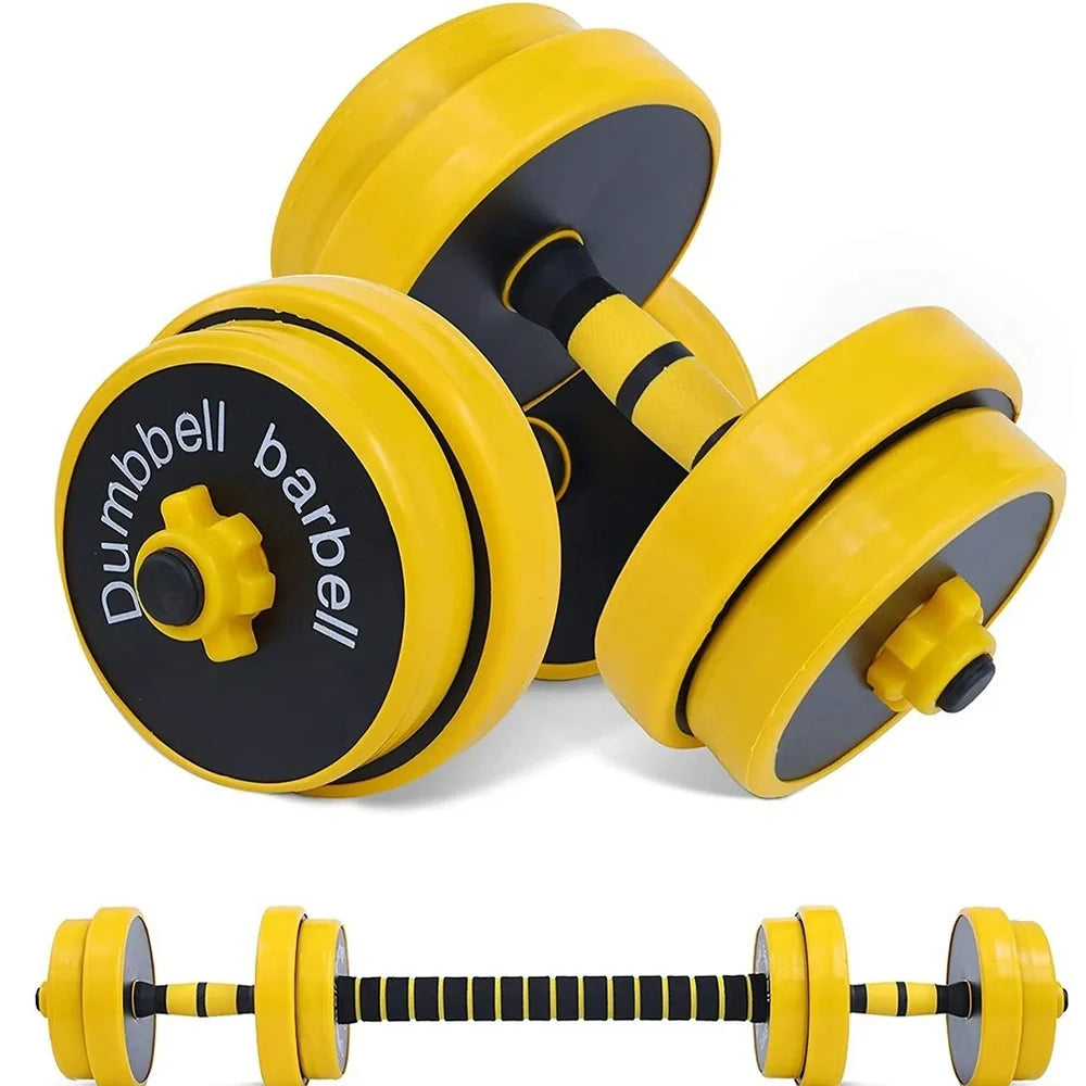 Yellow adjustable dumbbell barbell set with connecting rod and weight plates for home strength training