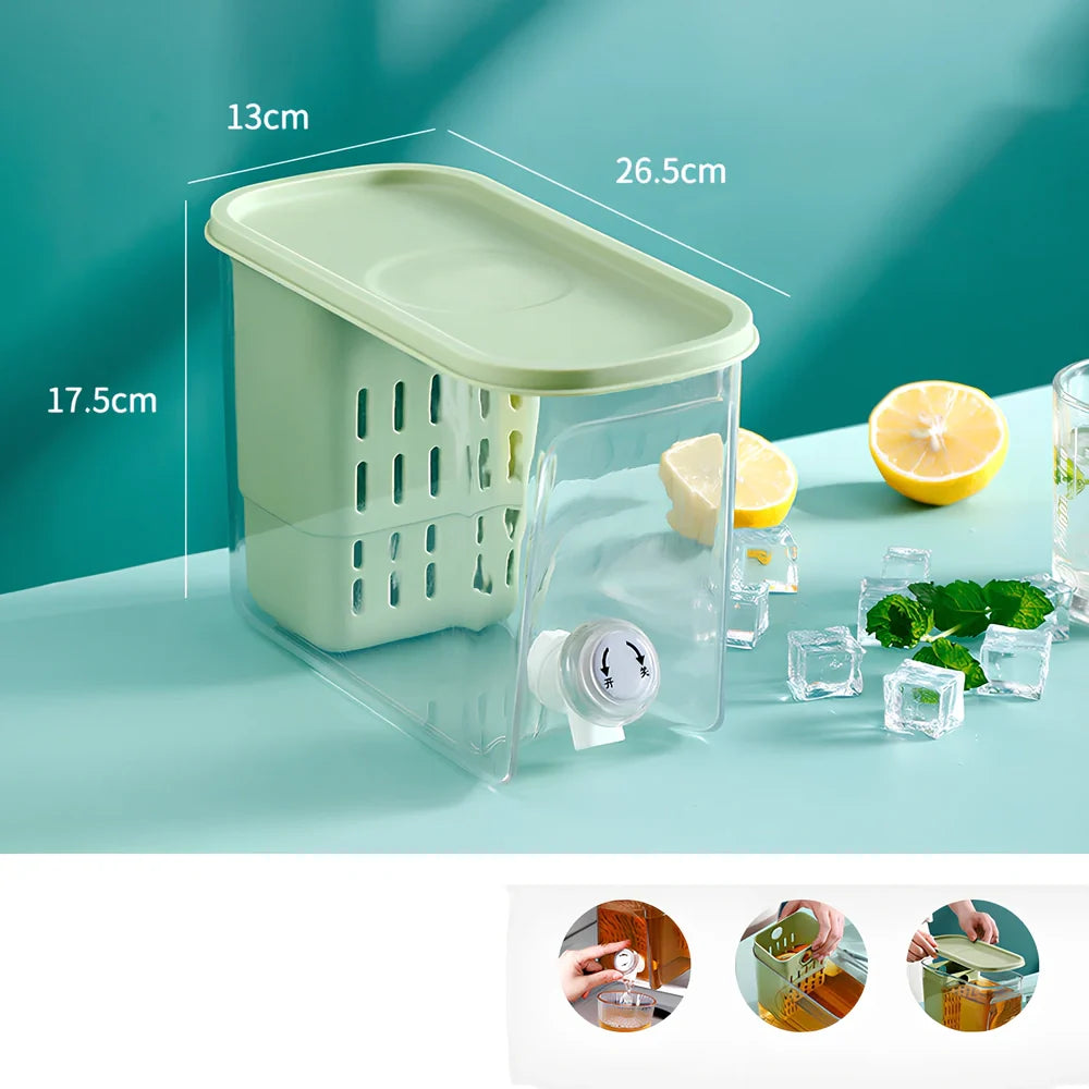 Home refrigerator water cooler with tap showing green colour option and 1-litre capacity bottle