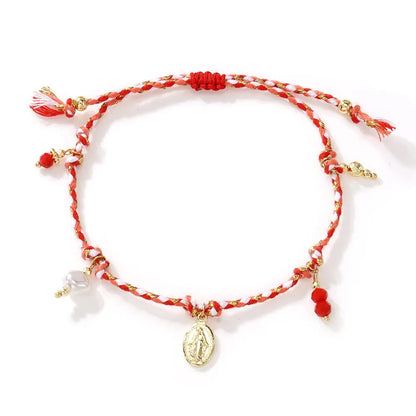 Close-up of a colourful hand-woven braided rope bracelet for women, showing ethnic strap design.