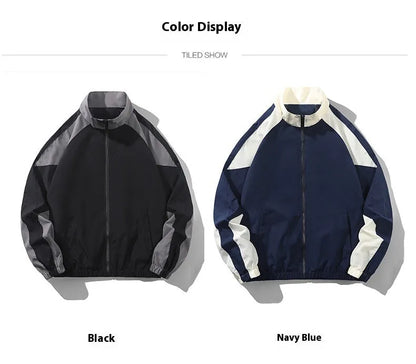 Men's black casual jacket with contrast stitching and side seam pockets for outdoor wear