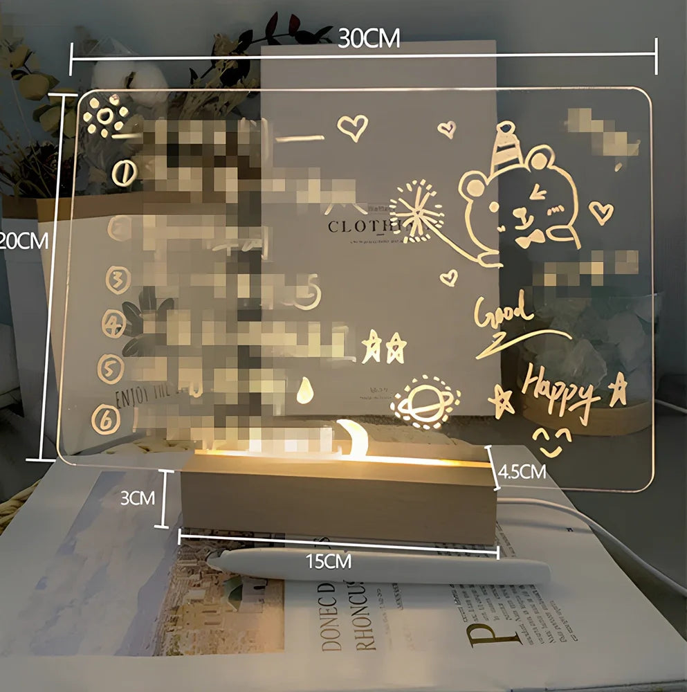 Transparent luminous acrylic note board measuring 100mm x 160mm with erasable surface and included pen