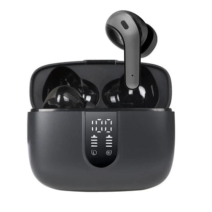 Jerry X08 wireless earbuds in charging case with digital battery percentage display on front.