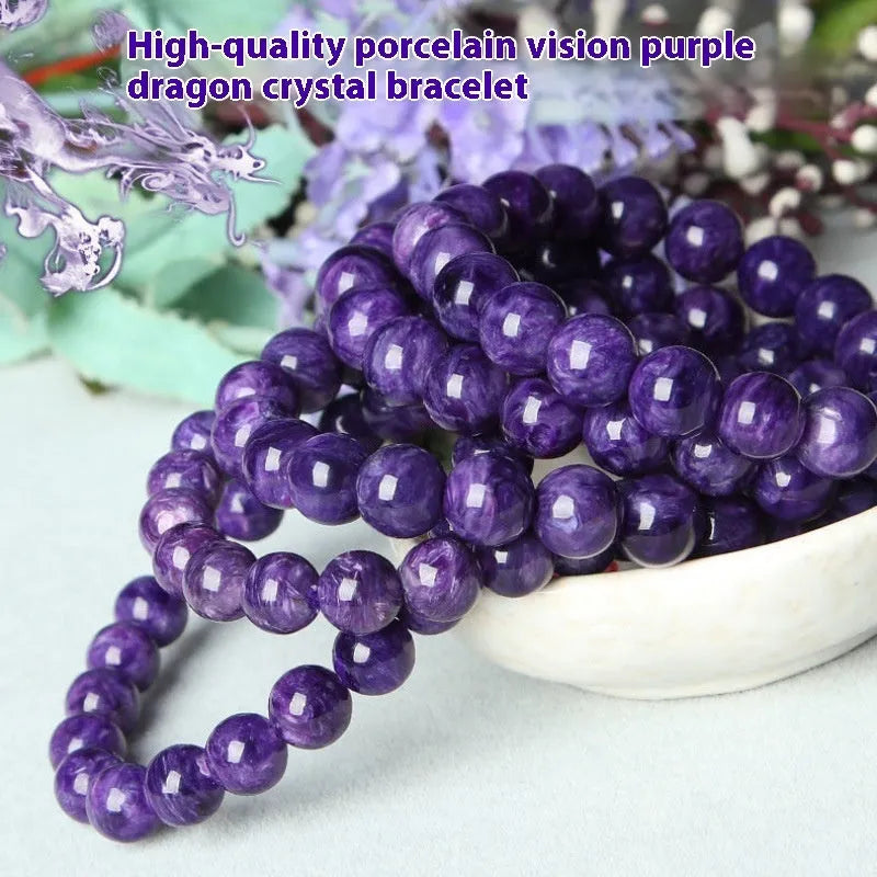 Natural transparent charoite crystal bracelet with platinum setting, available in 6mm, 8mm, 10mm, and 12mm bead sizes
