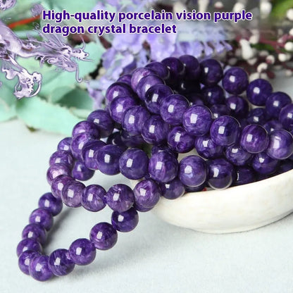 Natural transparent charoite crystal bracelet with platinum setting, available in 6mm, 8mm, 10mm, and 12mm bead sizes