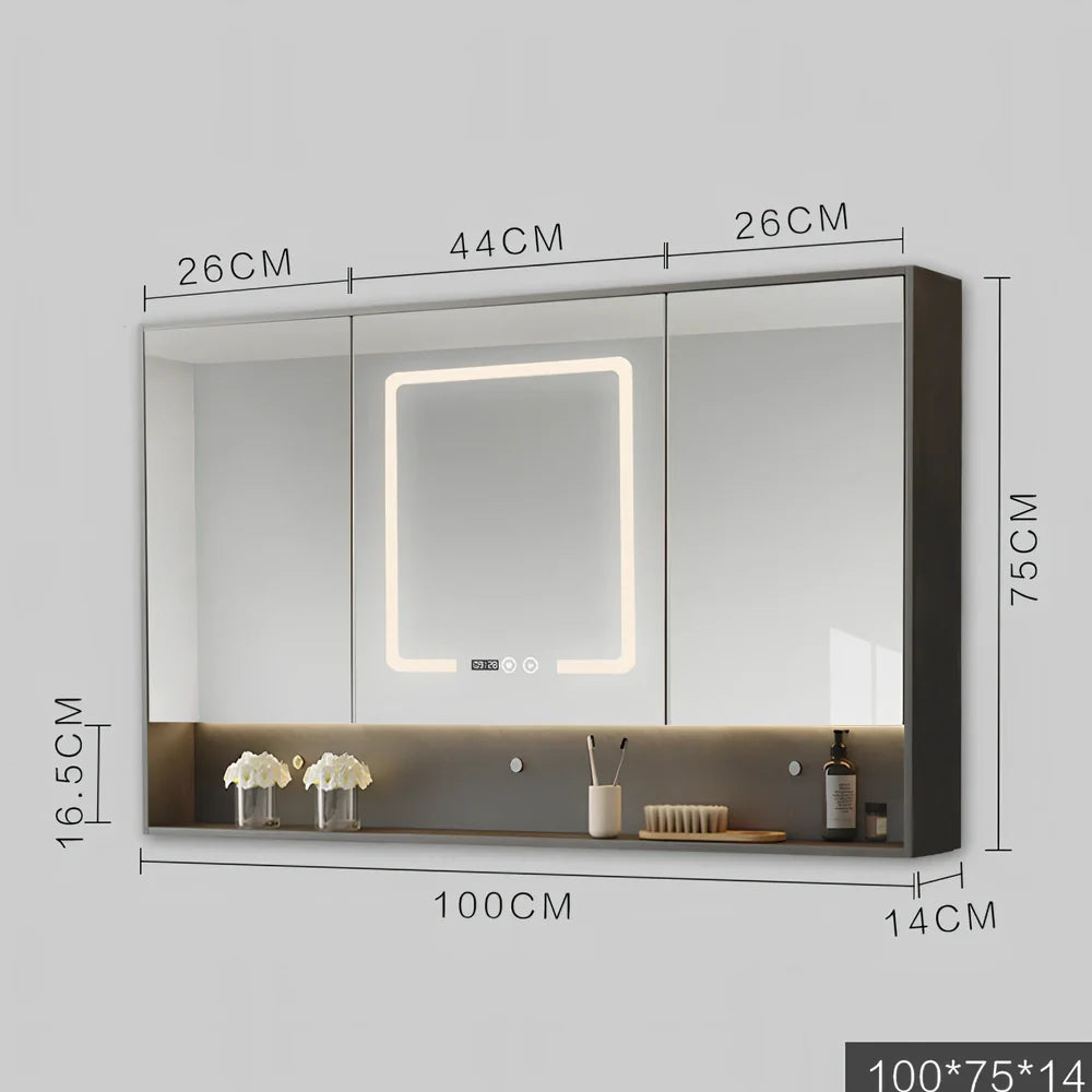 Wall-mounted bathroom mirror cabinet with LED lights and anti-fog technology in solid wood construction