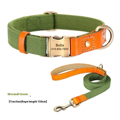 Small dog mohair collar and matching leash in muted green colour with lettering.
