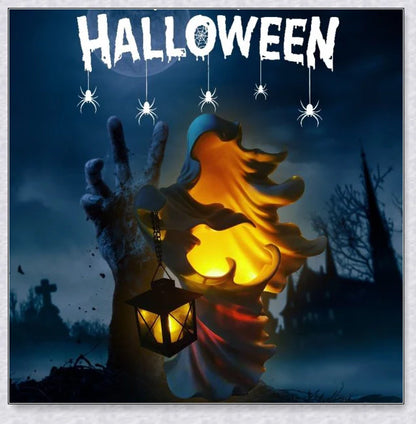 Spookydoo Halloween Witch/Ghost Resin Statue with battery-powered lantern, adding a spooky glow to indoor or outdoor Halloween decor