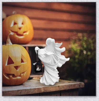Spookydoo Halloween Witch/Ghost Resin Statue with battery-powered lantern, adding a spooky glow to indoor or outdoor Halloween decor