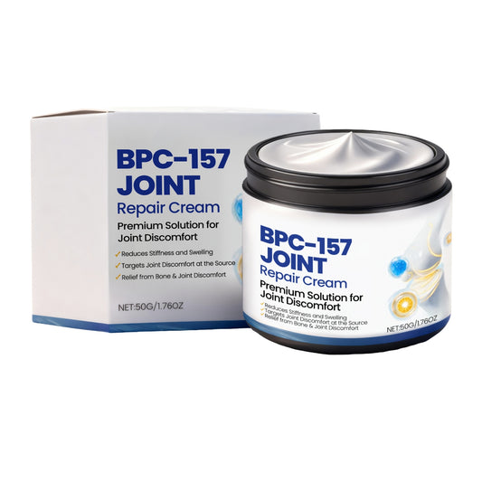 Joint Soothing Cream with mint leaves, arnica, turmeric, and BPC-157: 50g formula designed to target joint discomfort with natural active ingredients in a non-greasy base