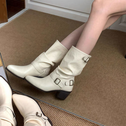 Women's chunky heel boots with a 2.5cm flat heel and middle calf length, available in white and khaki colours across sizes 35-42, featuring PU upper material and viscose sole construction for all-day wear.