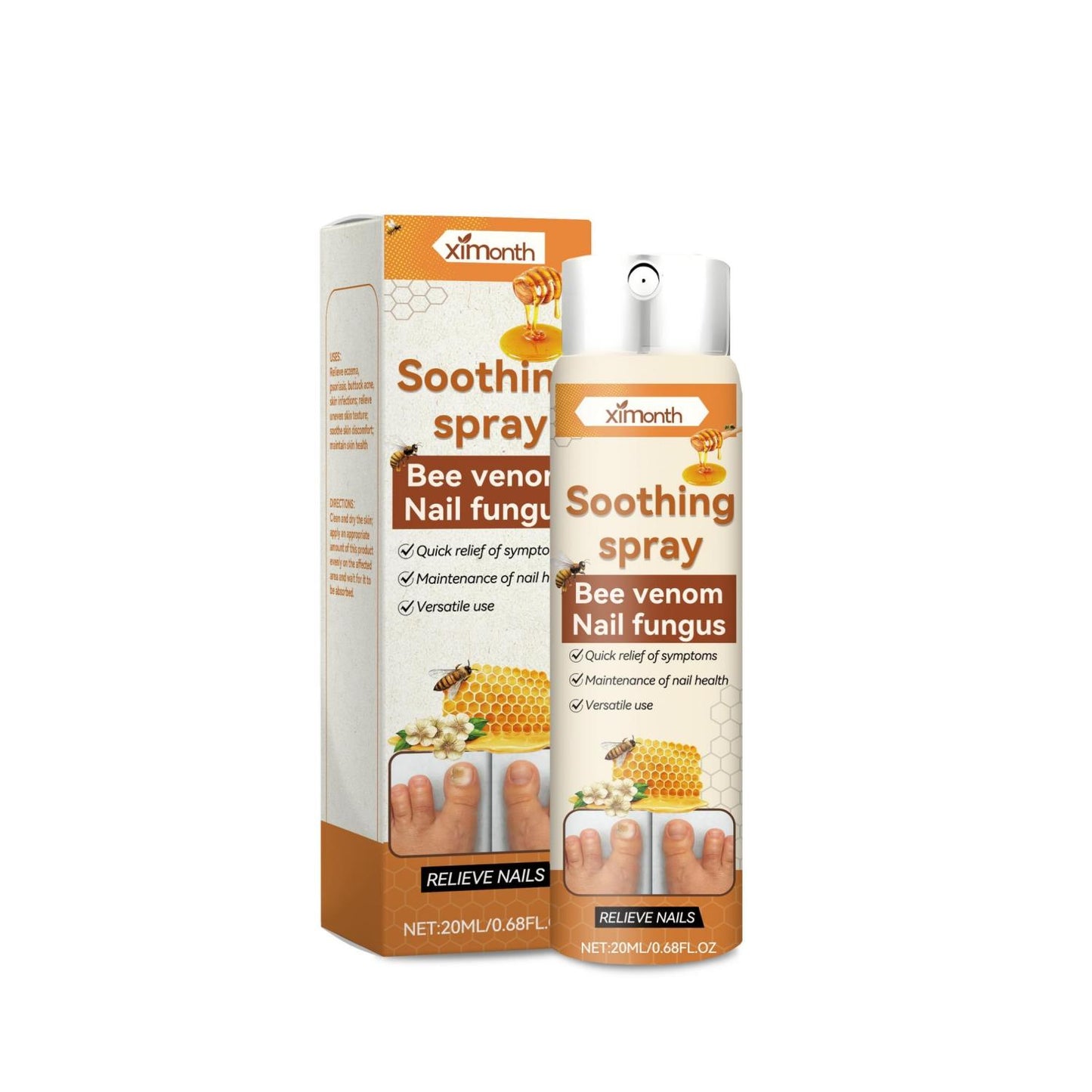 Nail care spray containing Centella asiatica and bee venom to strengthen nails and prevent breakage, with 20ml bottle for convenient daily application and natural ingredients including shea butter and tea tree oil