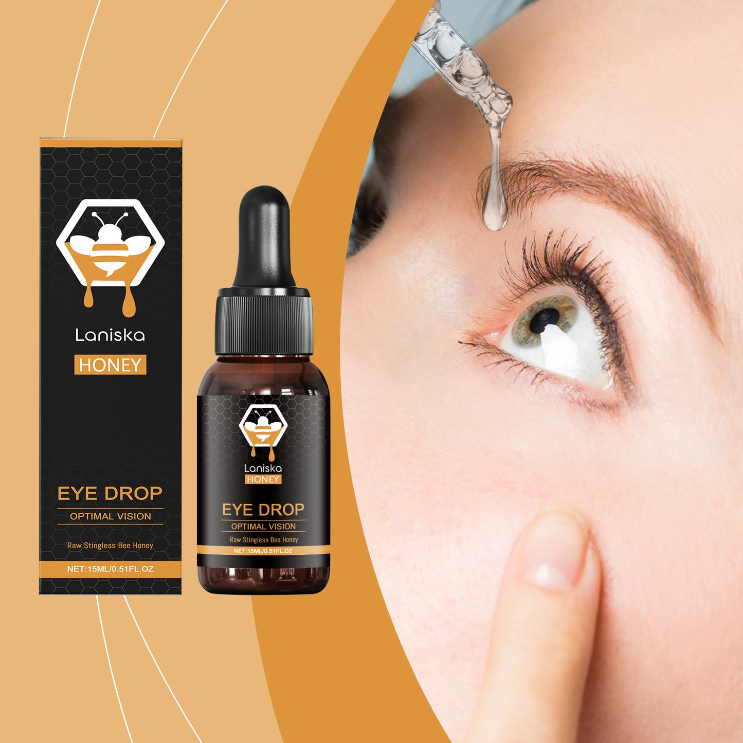 Honey-based eye drops with 15ml fluid capacity to relieve eye fatigue and discomfort using natural honey as the active ingredient alongside sorbitol and sodium hyaluronate
