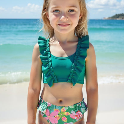 hhomeenjoy.com Girl's Green Bikini Swimsuit in Multiple Sizes-Adorable Little Kids Ruffle-Trim Bikini - Solid Color 2-Piece Girls Swimsuit Set
