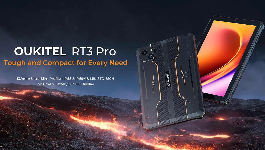 RT3 PRO mobile phone in green, grey, or orange colour with included charger.