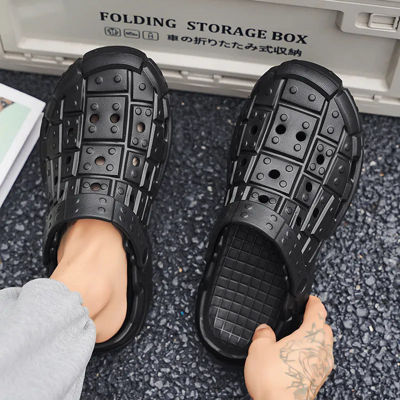 Men's sand-coloured EVA slippers with thick non-slip sole and toe-holder design.