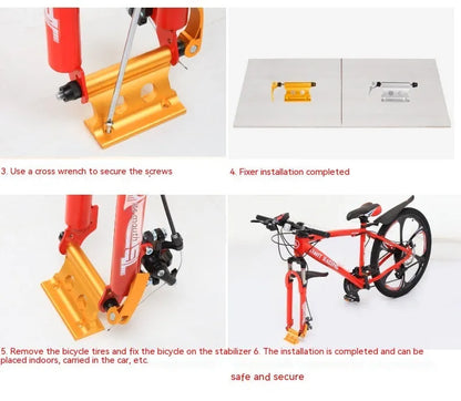 Silver metal quick-release clamp for attaching a bicycle front fork to a vehicle rack.