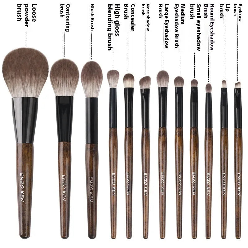 12-piece makeup brush set with wooden handles in PU travel case including powder foundation brush