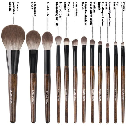 12-piece makeup brush set with wooden handles in PU travel case including powder foundation brush