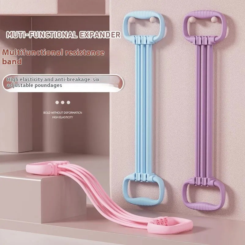 Women's adjustable chest expander with open shoulder design and TPE tensile rope in blue colour