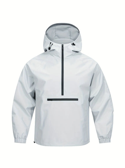 Man wearing a light grey loose-fit half-zip hooded corduroy jacket with rabbit fur.