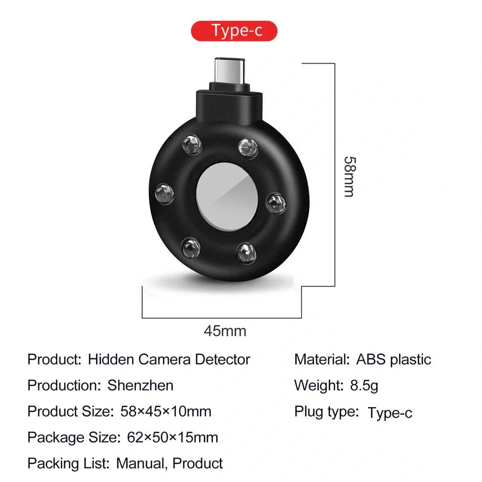 Anti-sneak camera detector with USB charging port and plastic housing in black colour option