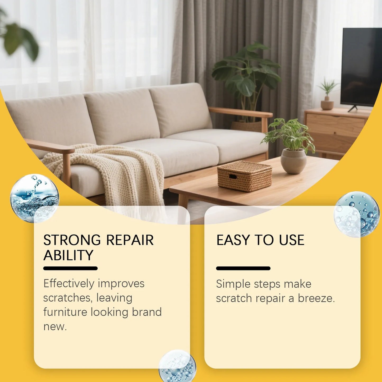100ml wooden furniture scratch care agent bottle and white microfibre polishing towel on a wooden table.