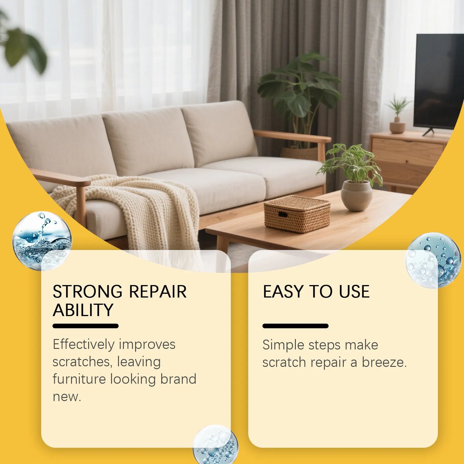 100ml wooden furniture scratch care agent bottle and white microfibre polishing towel on a wooden table.