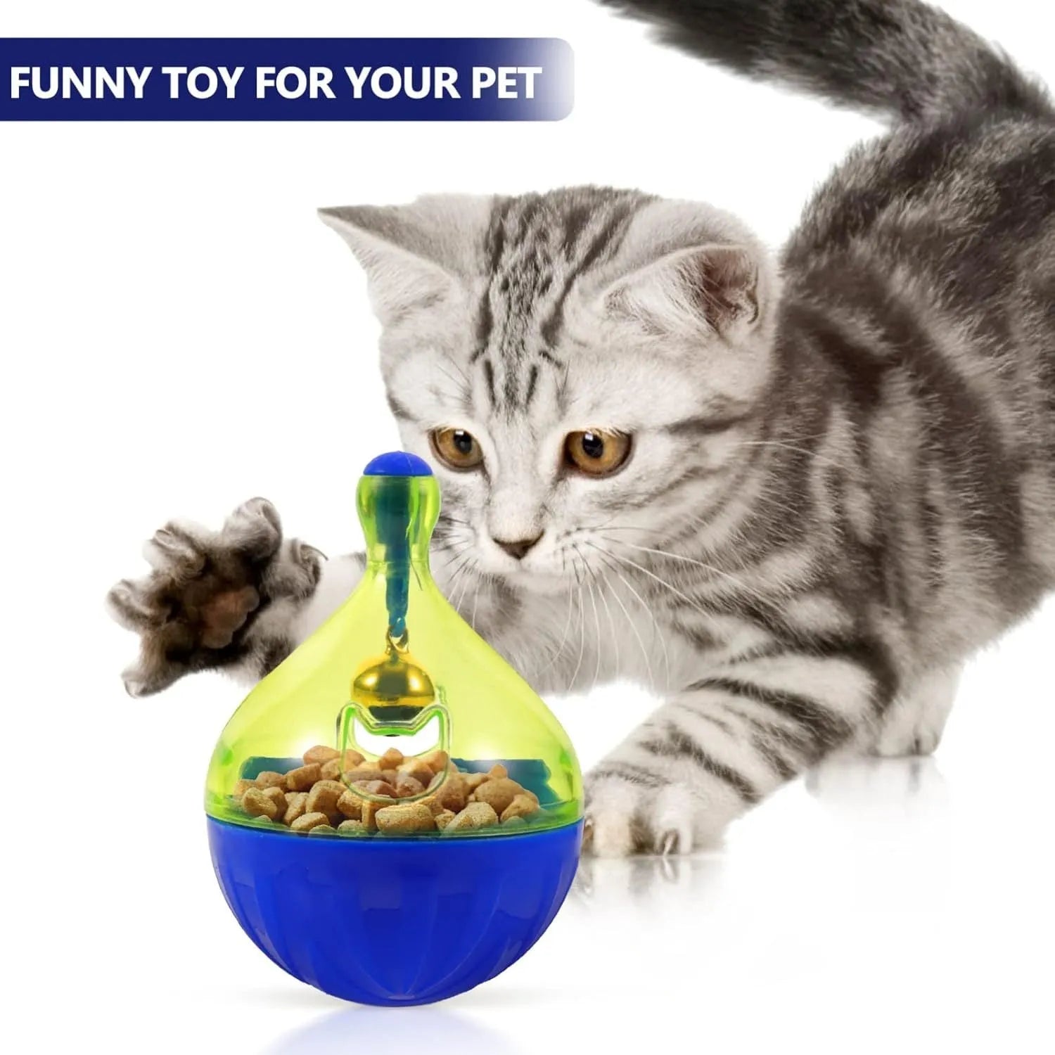 Tumbler-shaped pet treat dispenser measuring 14cm with food-leaking openings for slow feeding