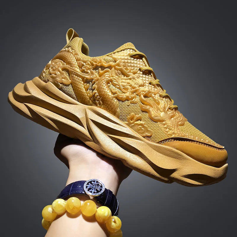 Chinese Loong breathable Fly Knit casual sneakers in four dragon colourways on a rubber sole.