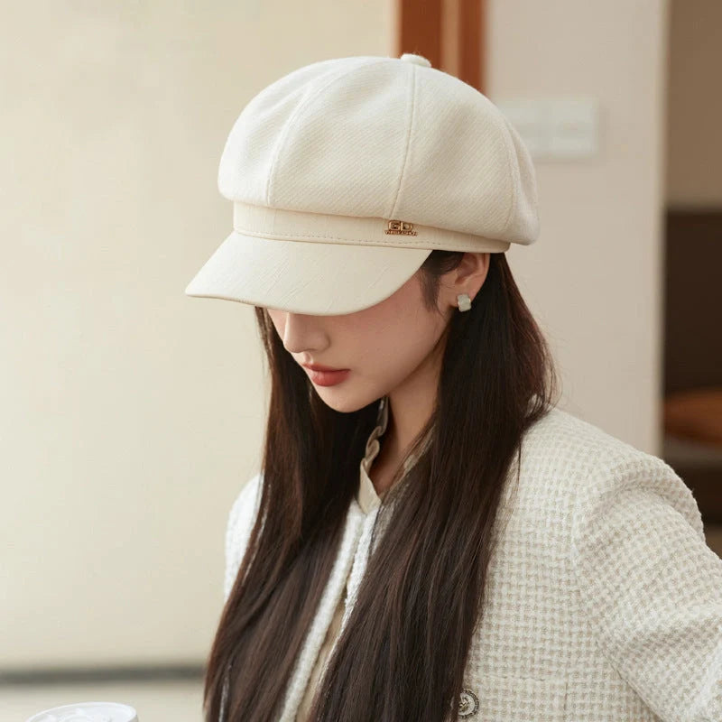 Stylish octagonal leather cap in black, gray, caramel, coffee, and milky white colors with breathable and windproof design