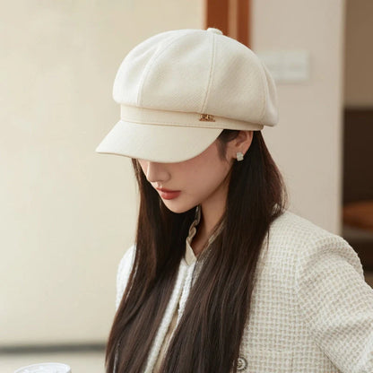 Stylish octagonal leather cap in black, gray, caramel, coffee, and milky white colors with breathable and windproof design