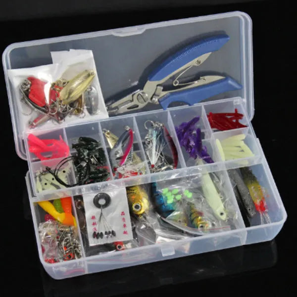 Lure Suit 132-piece fishing bait set with soft plastic lures and high-carbon steel hooks in a compact case