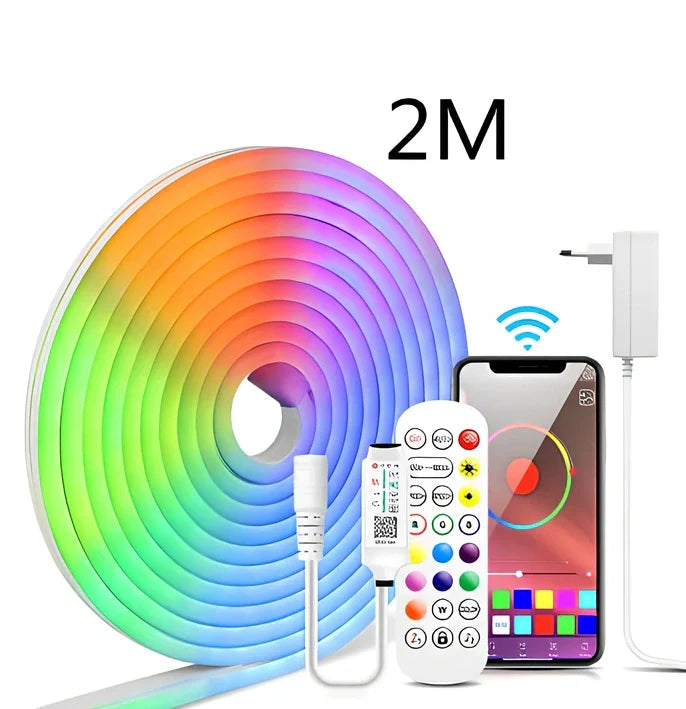 Flexible 12V RGB LED neon strip, 6mm x 15mm waterproof design with Bluetooth controller for home decor, 1-5m lengths