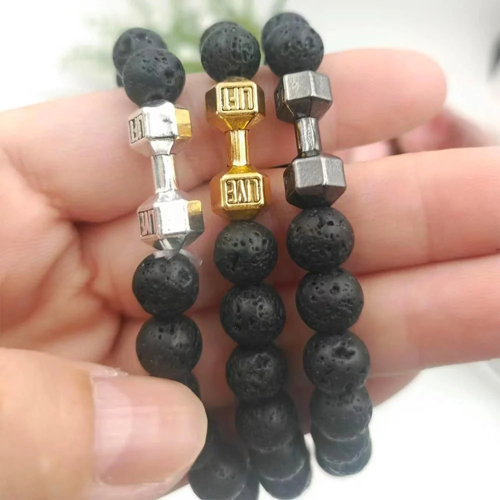 Men's fitness fashion bracelet with alloy dumbbell and lava rock beads, 18cm length, 20g weight