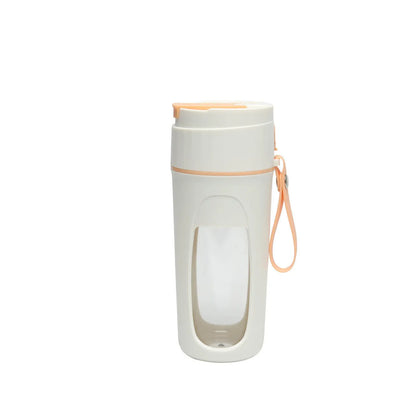USB rechargeable portable juicer cup with glass liner in grass green, light purple, or fresh orange.